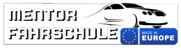 Schriftzug Mentor Fahrschule Europe mit Fahrzeugsilhouette